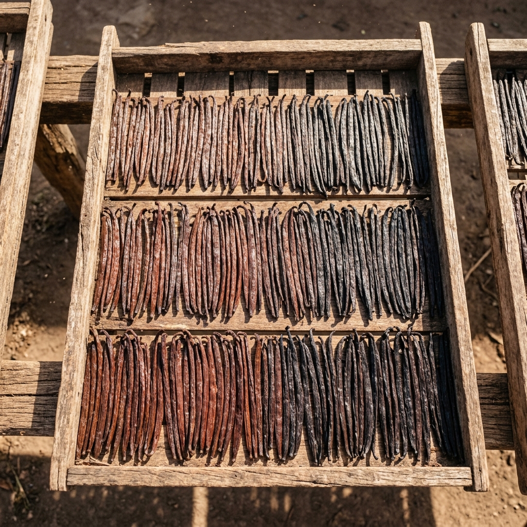 Centaines de gousses de vanille disposées méticuleusement sur des plateaux traditionnels en bois pour séchage au soleil