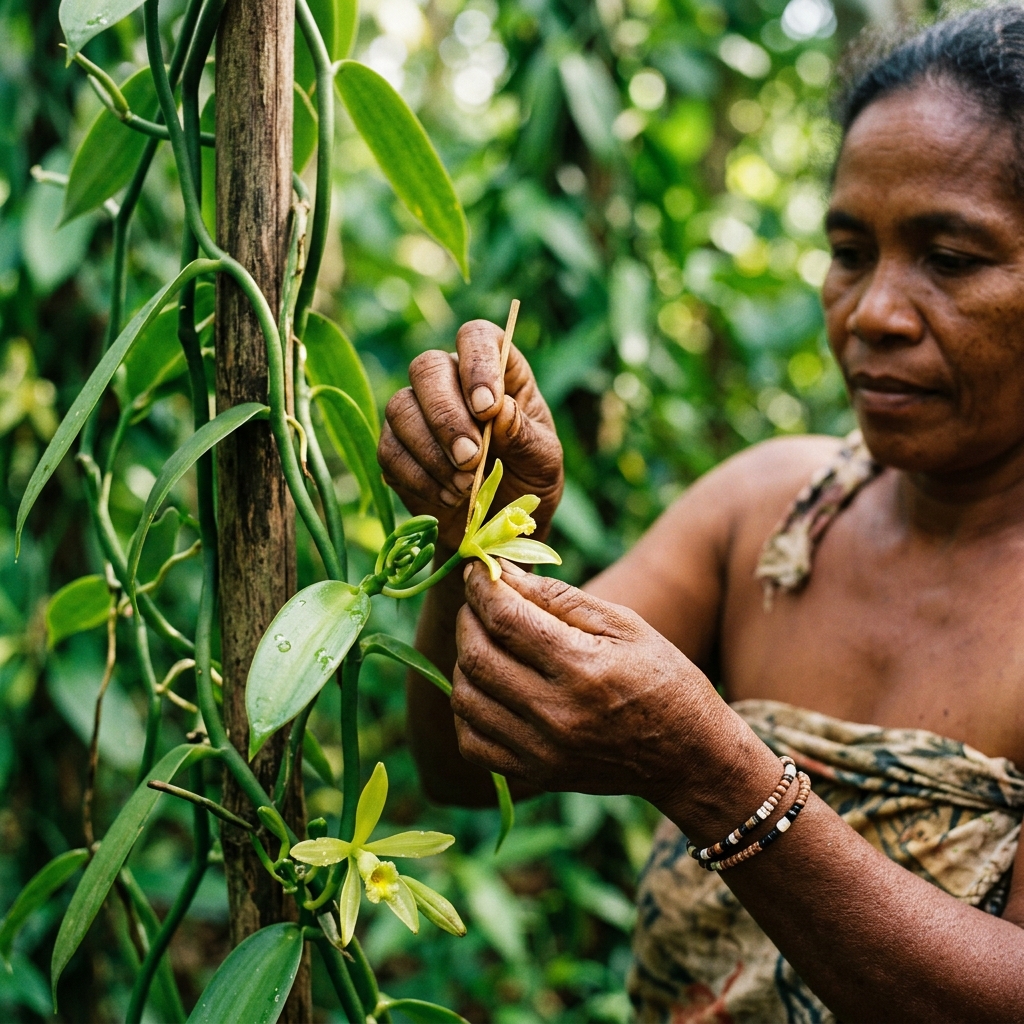 Pollinisation manuelle d'une fleur de vanille par les mains expertes d'une artisane malgache